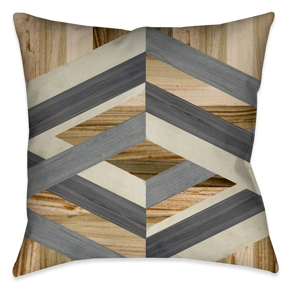 This modern-geometric approach to decorative pillow art combines organic wood-shaded textures with a structural offset of grey and beige geometric shapes. 