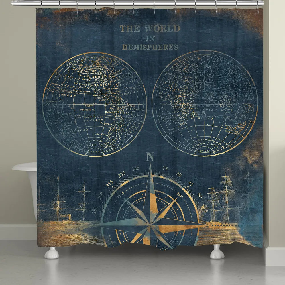 Golden Compass Blue World Map Shower Curtain