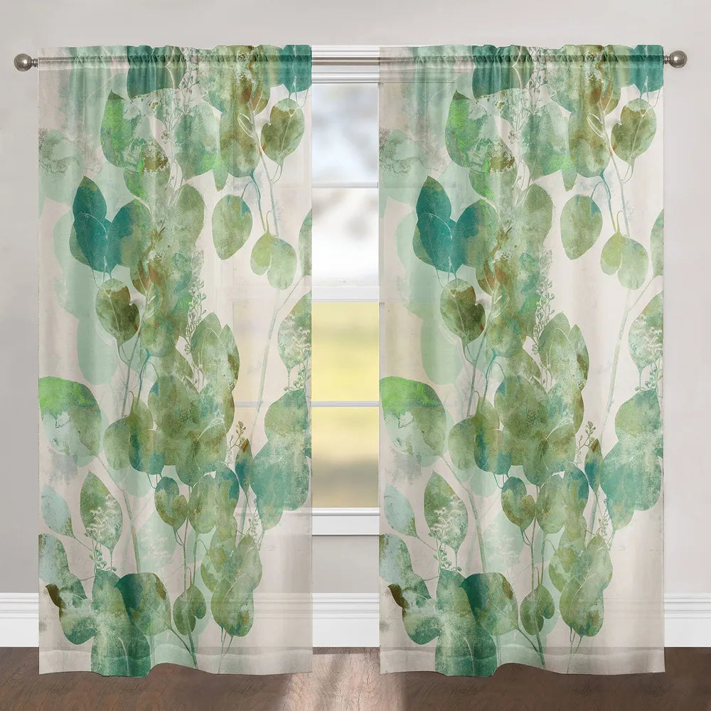 Green Watercolor Eucalyptus Leaves Sheer Window Panel