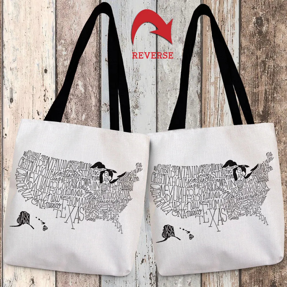 Hand Lettered US Map Black & White Canvas Tote Bag 