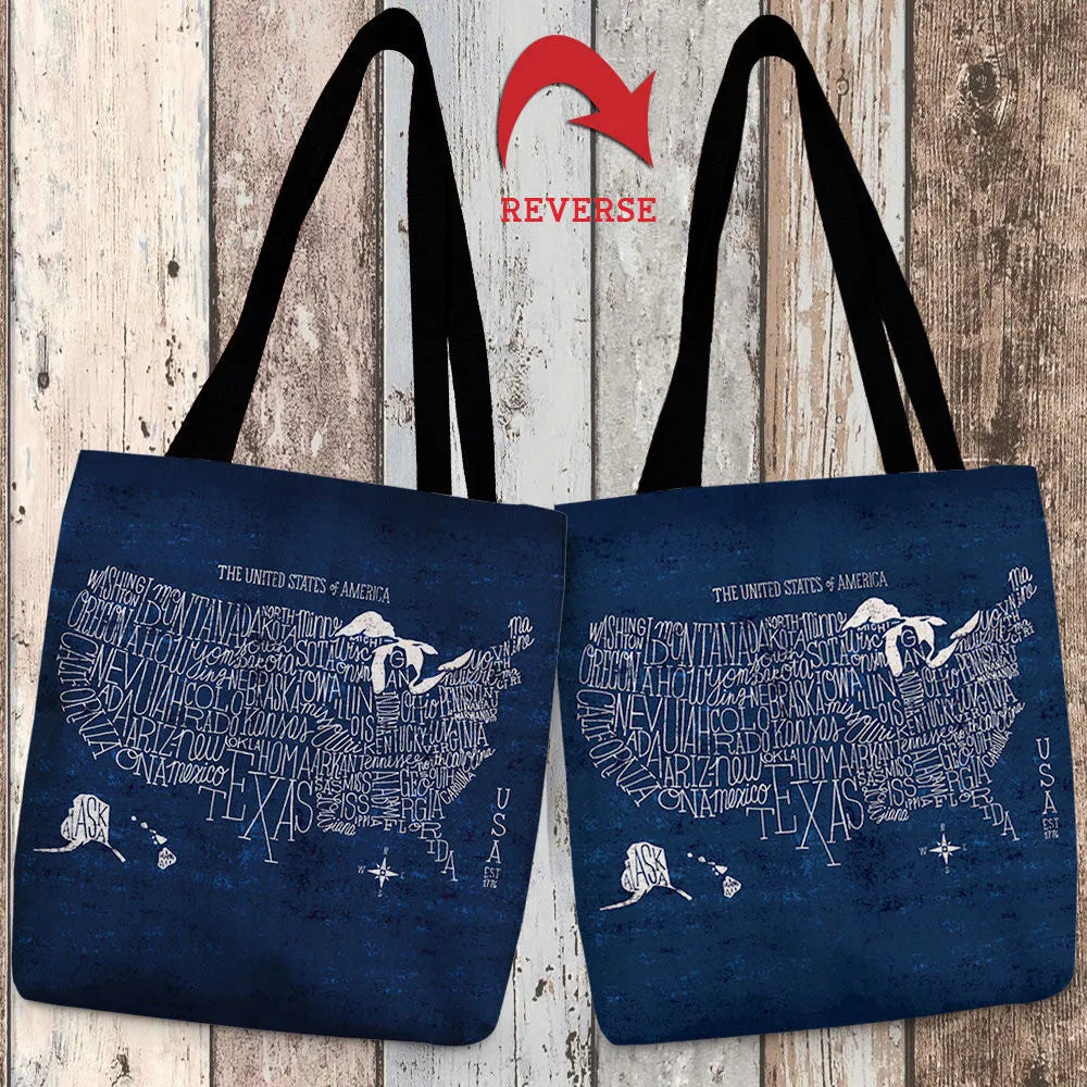 Hand Lettered US Map Blueprint Canvas Tote Bag 