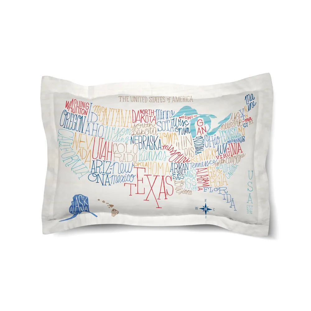 Hand Lettered US Map Color Duvet Sham