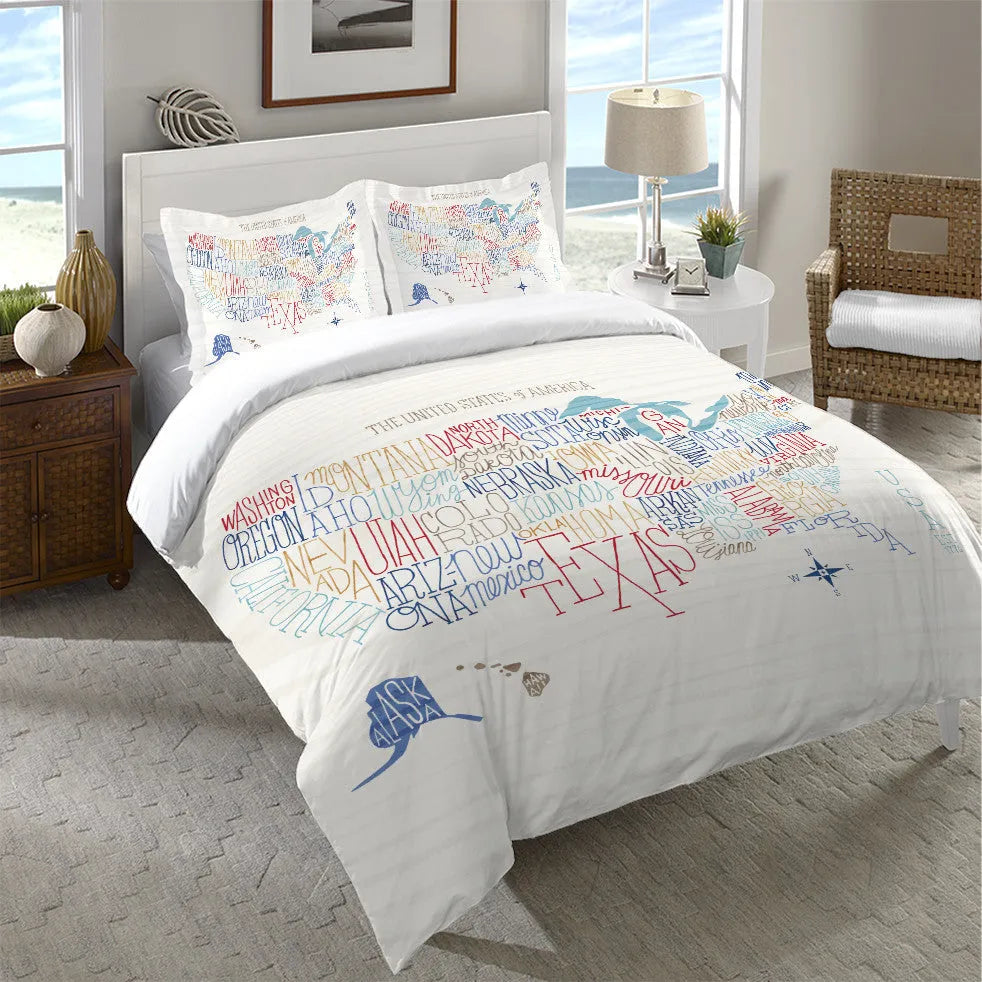Hand Lettered US Map Color Duvet Cover