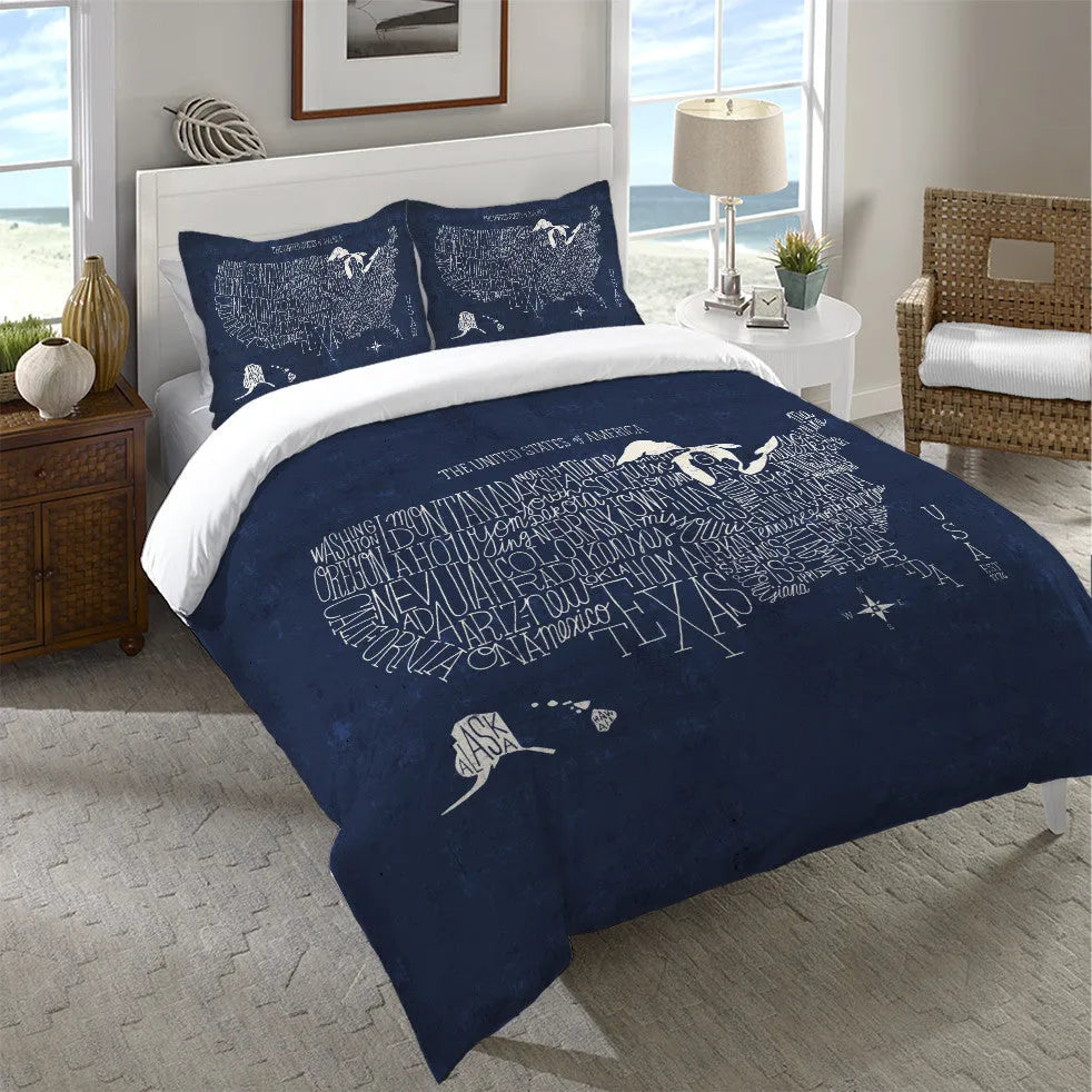 Hand Lettered US Map Blueprint Duvet Cover 