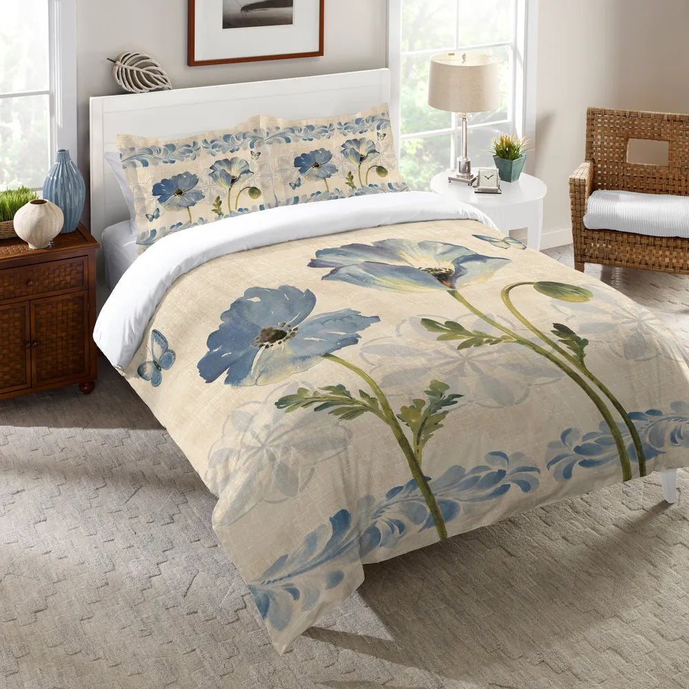 Indigo Watercolor Poppies Comforter 