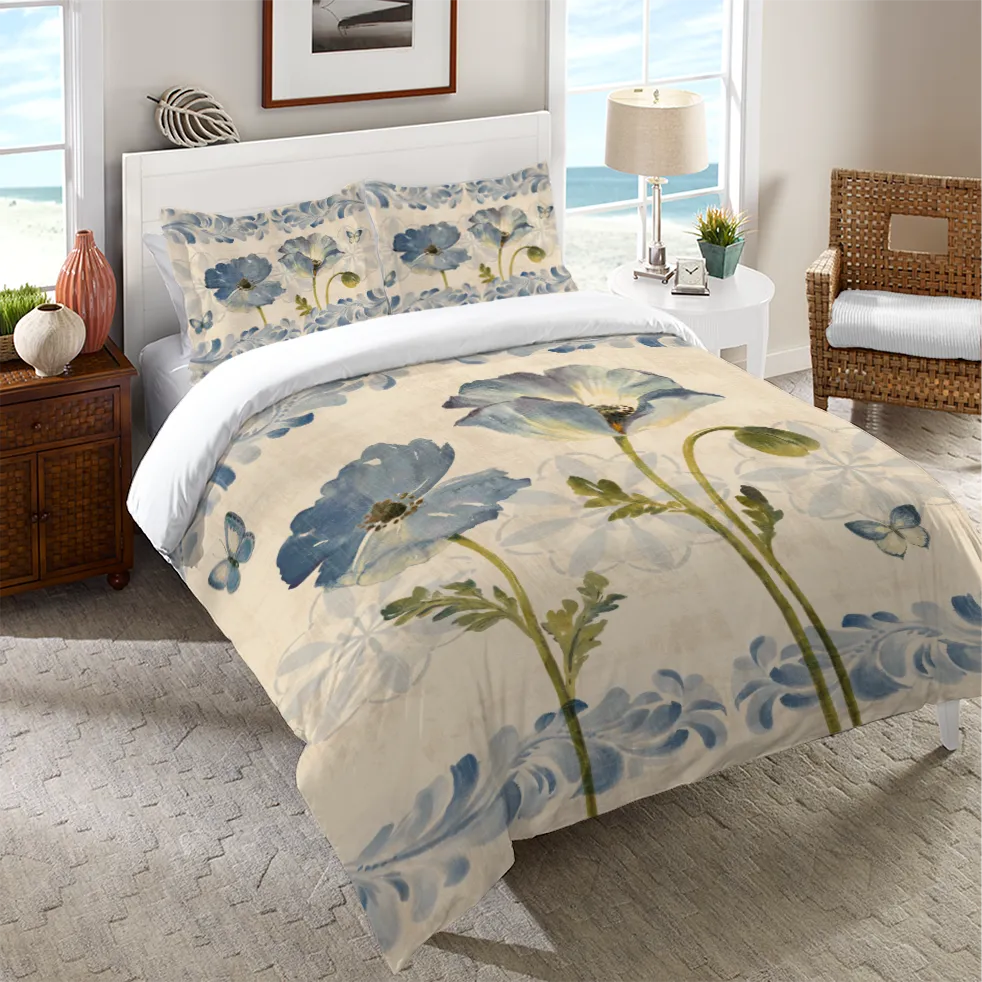 Indigo Watercolor Poppies Duvet Cover 