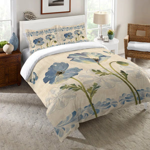 Indigo Watercolor Poppies Comforter 