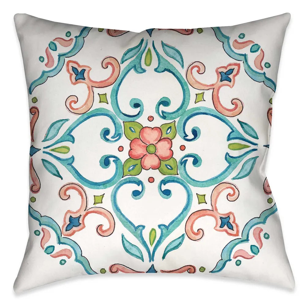 Laural Home's "Jewel Medallion I Indoor Decorative Pillow" displays a watercolor like design of a mosaic motif. The pink, turquoise and green color palate accentuate the motif off the white ground. The "Jewel Medallion" pillow collection is sure to make a beautiful display in any living space 