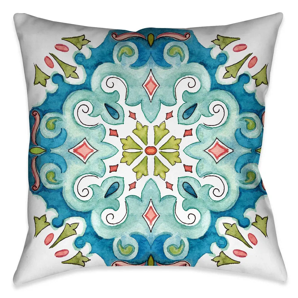 Laural Home's "Jewel Medallion II Indoor Decorative Pillow" displays a watercolor like design of a mosaic motif. The pink, turquoise and green color palate accentuate the motif off the white ground. The "Jewel Medallion" pillow collection is sure to make a beautiful display in any living space 