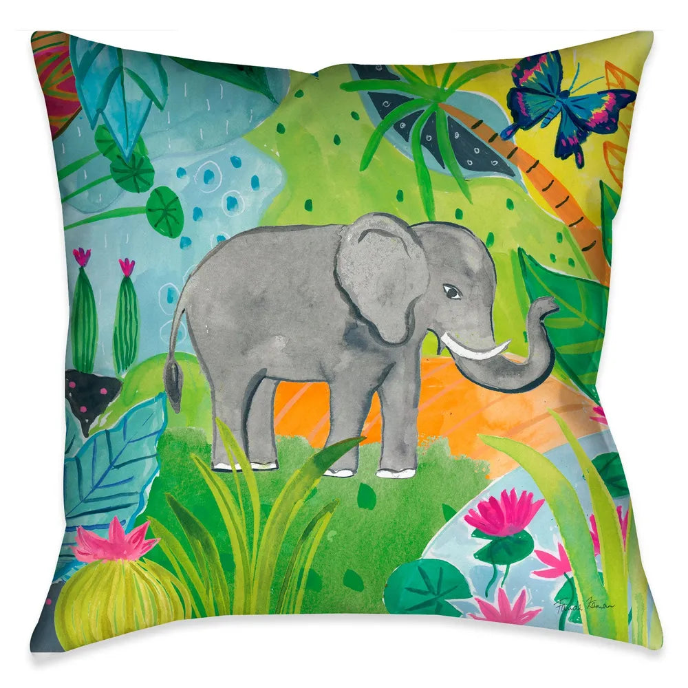 Colorful, whimsical and bright, this fun jungle elephant decorative pillow made in the USA will surely brighten your home decor 
