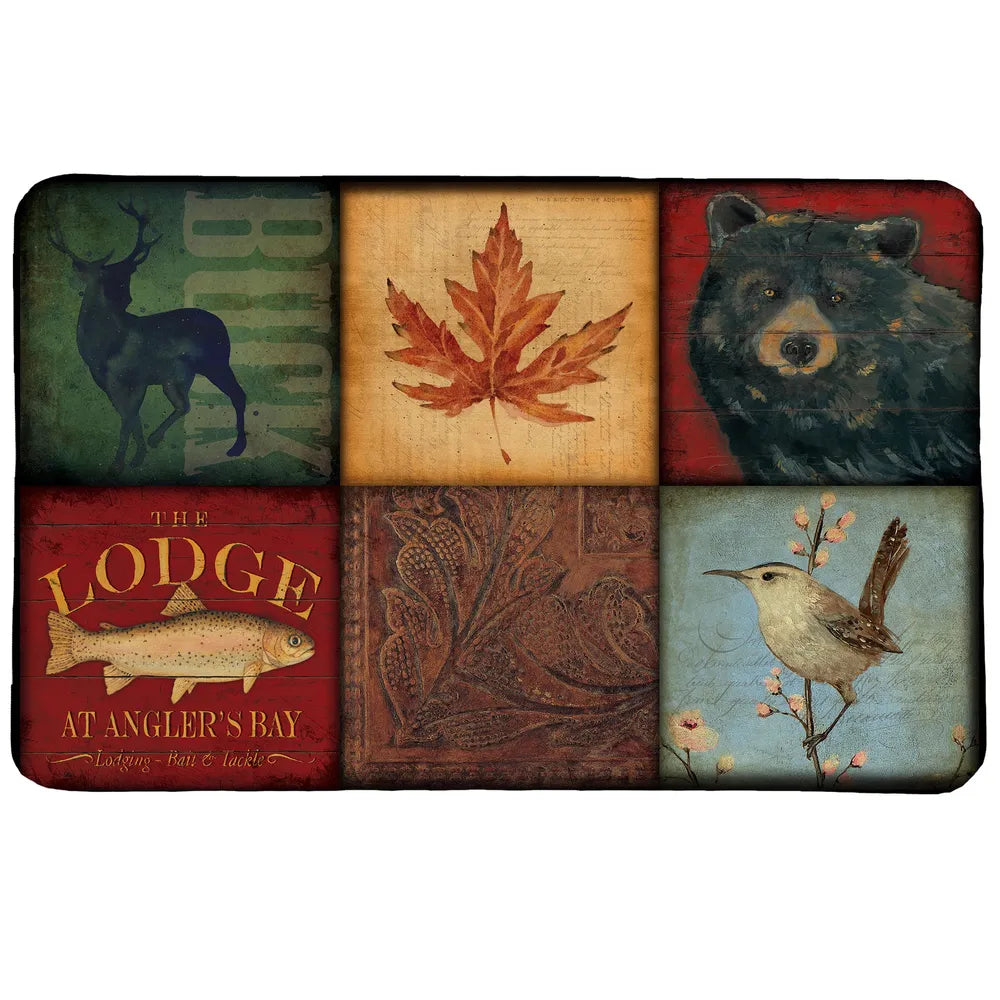 Lodge Patch Memory Foam Rug features a rustic and colorful, patch-work design with animal and plant life. 