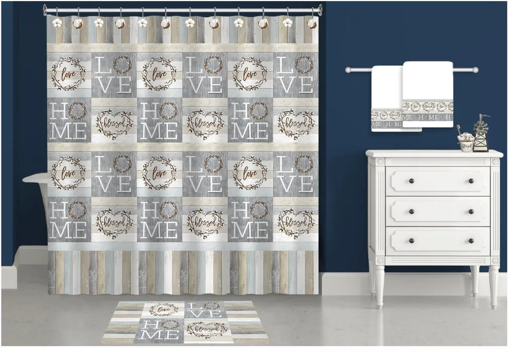 Loving Home Shower Curtain in Grey/White