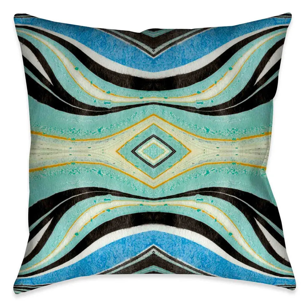 This abstract design evokes a unique artistic quality through fluid blues and turquoise colors. The accented pops of black and yellow lines and shapes in this outdoor decorative pillow, create movement that is sure to bring energy and liveliness to any space!