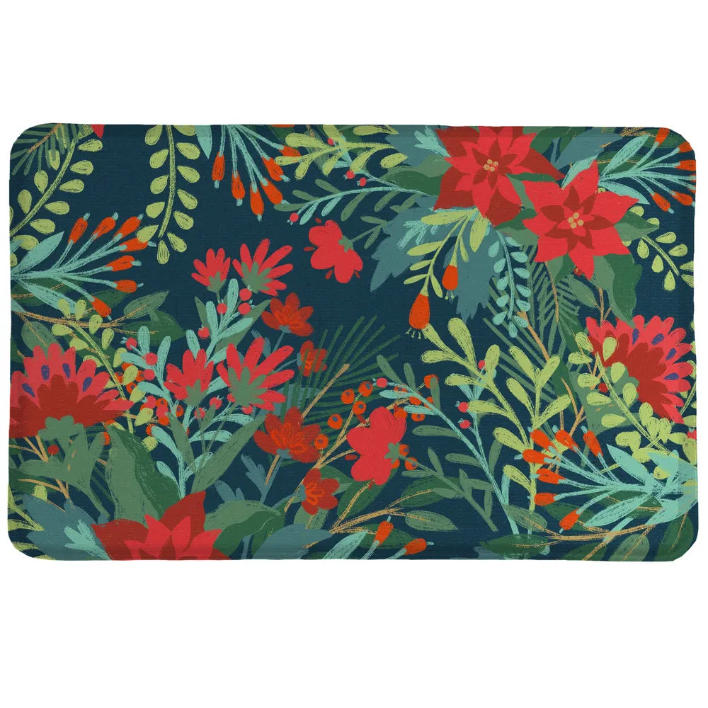 Flourishing Garden Memory Foam Rug showcases a contemporary red floral and greenery design atop a navy background.