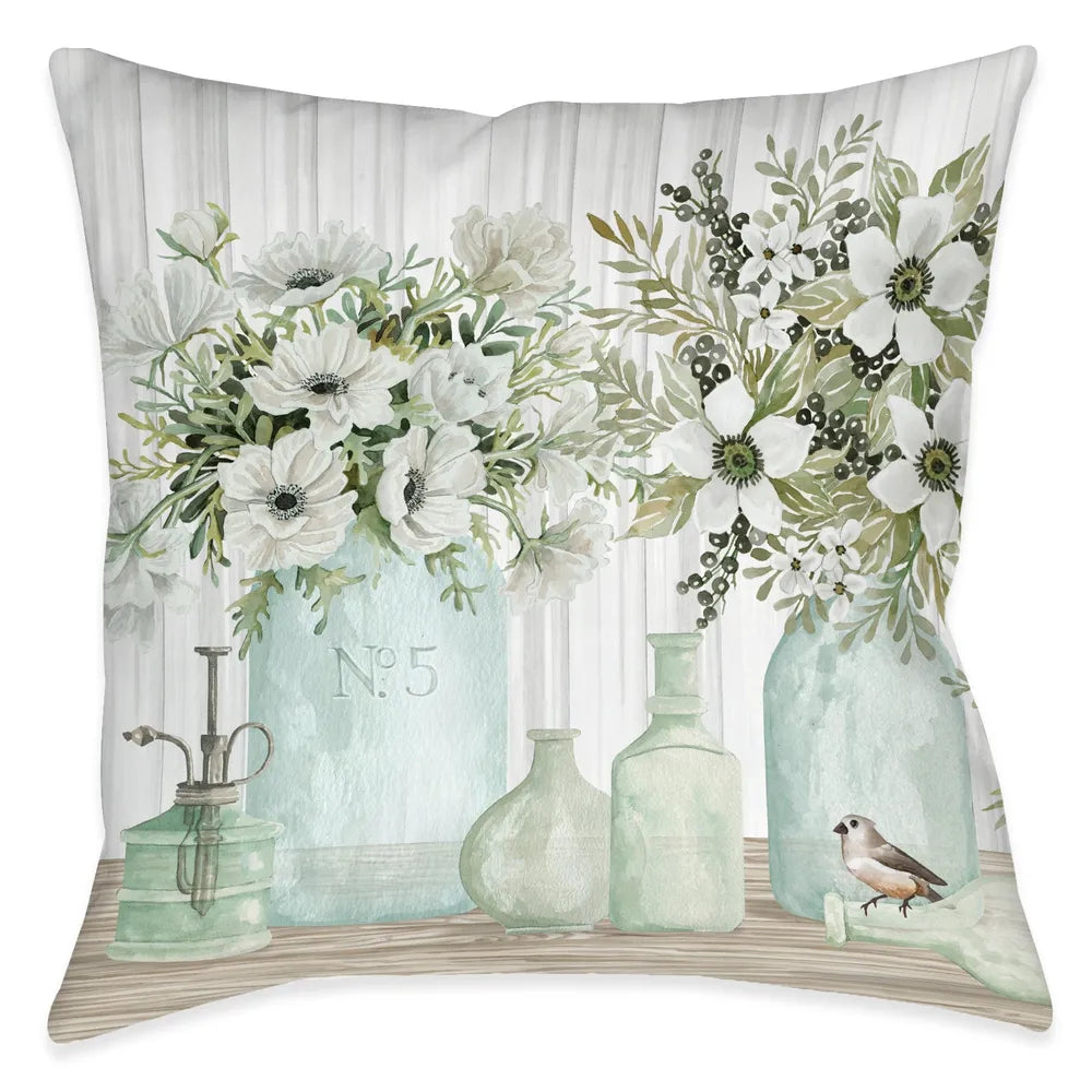 Mint French Fleurs Bottles Indoor Decorative Pillow