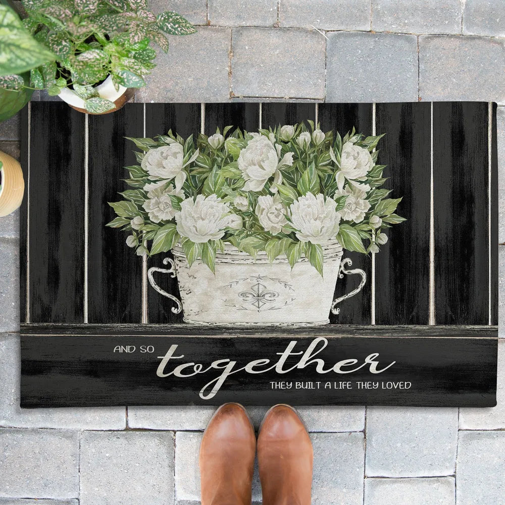 Moody Farmhouse Peonies Outdoor Door Mat