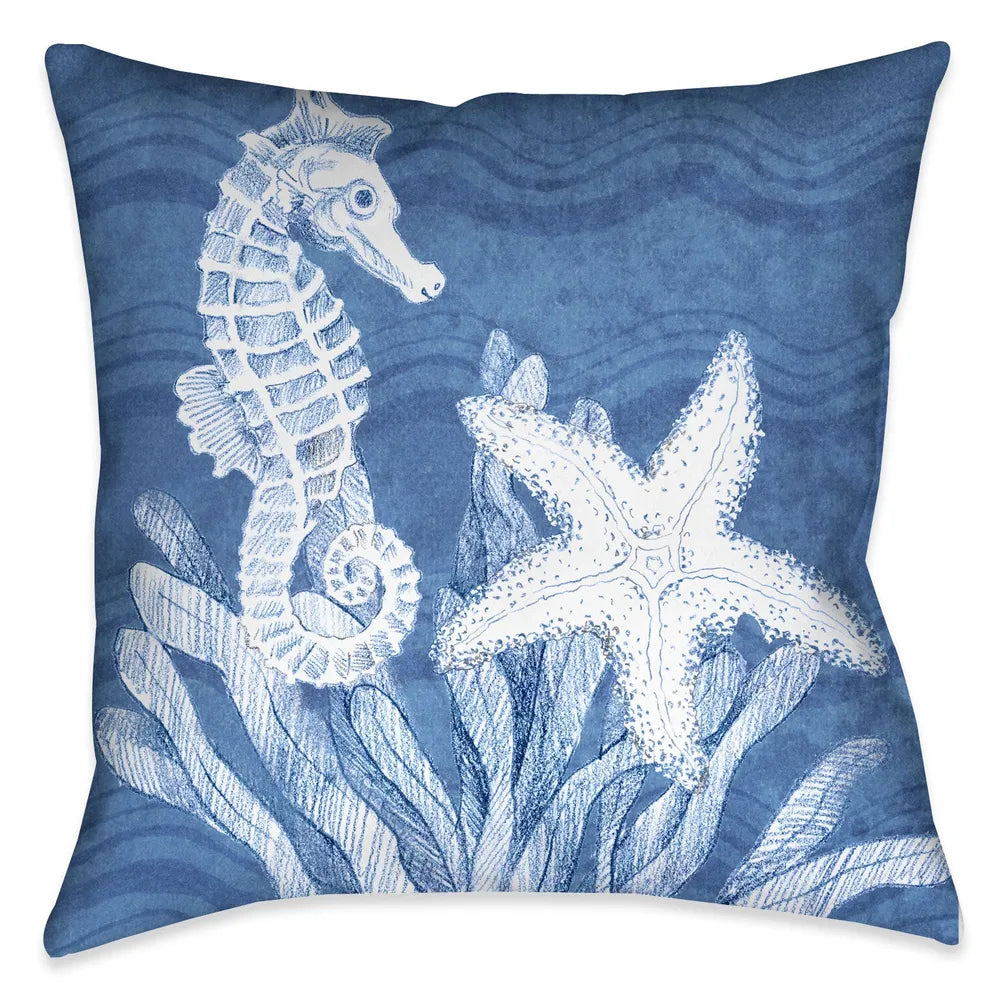 The "Ocean Wave Sea Life Indoor Decorative Pillow" features a blue textured background with wave imprints complimented with a beautifully rendered seahorse, starfish and sea plant motif. The "Ocean Wave" series features a variety coastal sea-life with this beautiful wave texture background.