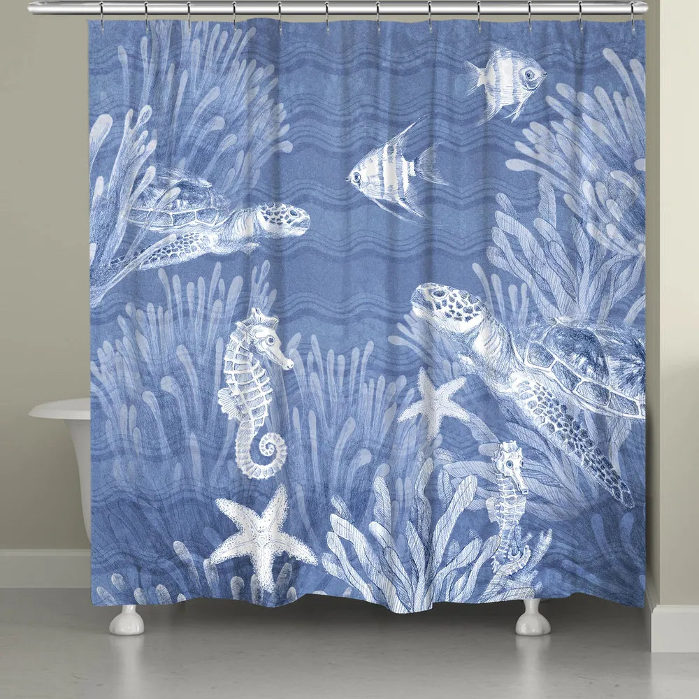 The "Ocean Wave Sea Life Shower Curtain" features a blue textured background with wave imprints complimented with a beautifully rendered deep sea wild life. The "Ocean Wave" series features a variety coastal sea-life with this beautiful wave texture background sure to bring the liveliness of the sea to your bathroom decor.