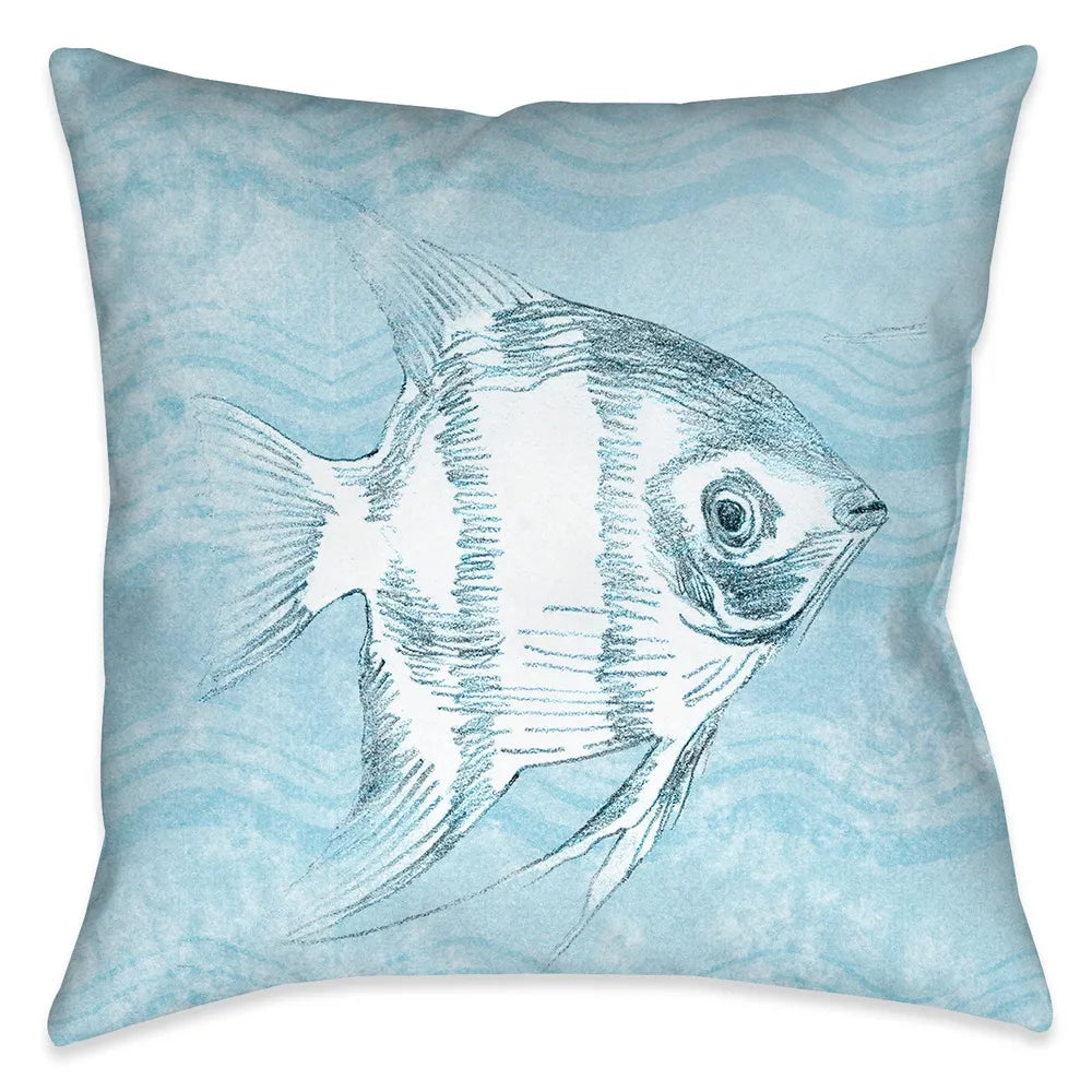 The "Ocean Wave Fish II Outdoor Decorative Pillow" features a light blue wave background complemented by a beautifully rendered coastal fish. The "Ocean Wave" series features a variety of coastal sea life perfect for bringing the beach into your outdoor space. 