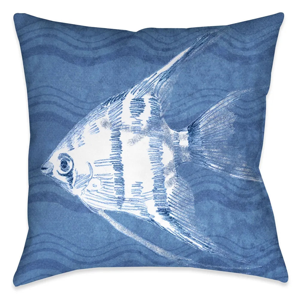 The "Ocean Wave Fish I Indoor Decorative Pillow" features a blue textured background with wave imprints complimented with a beautifully rendered coastal fish. The "Ocean Wave" series features a variety coastal sea-life with this beautiful wave texture background.