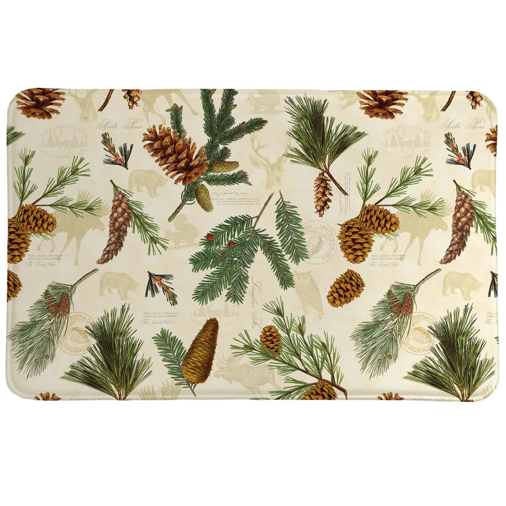 Pinecone Memory Foam Rug features a pattern of pinecones and leaves.