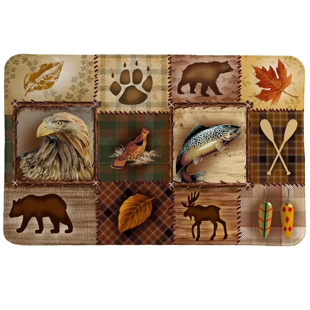 Plaid Lodge Memory Foam Rug is a fun patchwork of rustic outdoor images including animal and plant life.