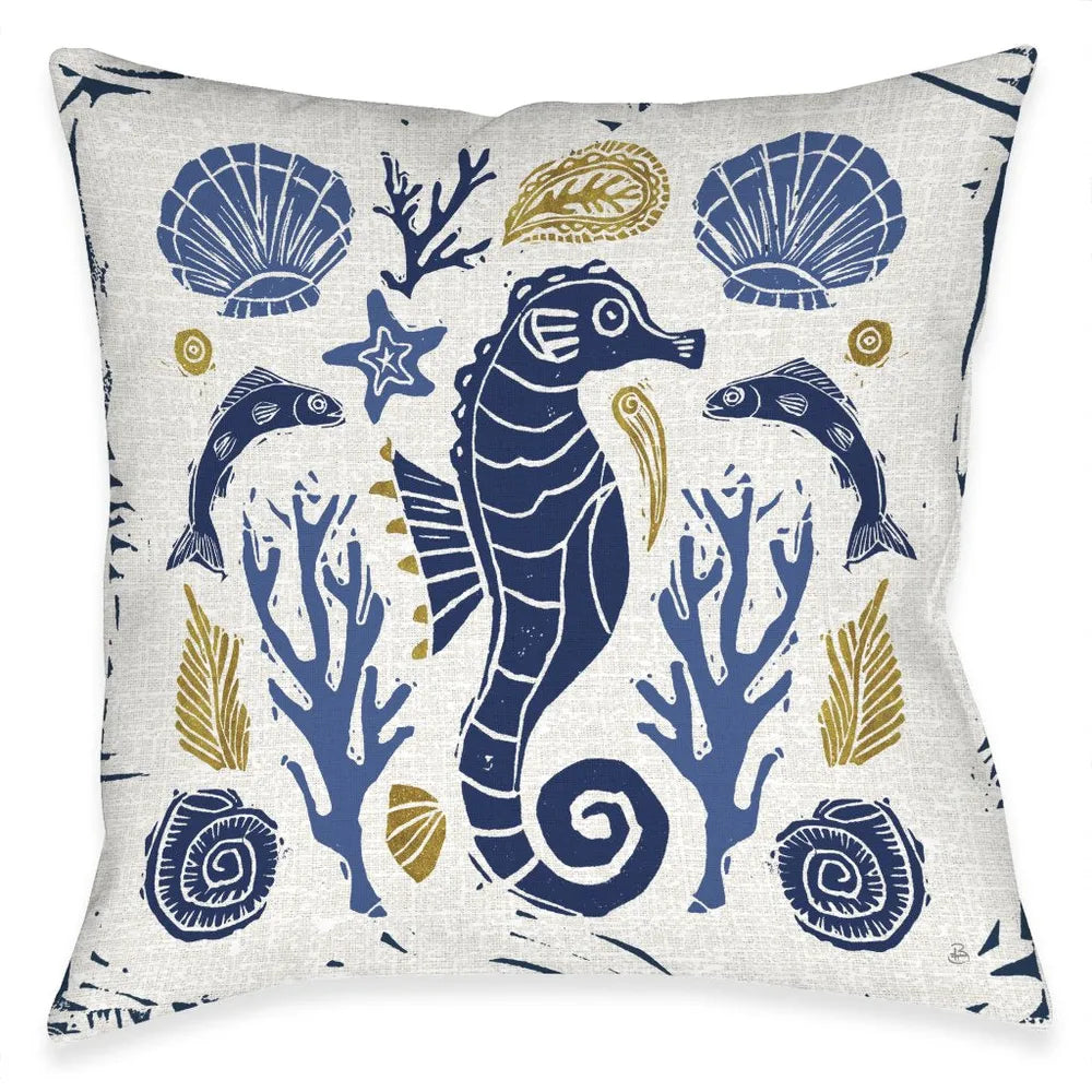 Primitive Coastal Seahorse Outdoor Decorative Pillow