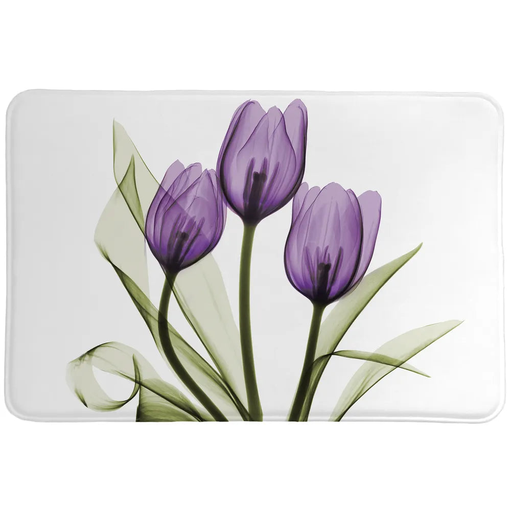 Purple X-ray Tulips Memory Foam Rug features a beautiful purple floral image made with a special technique using an x-ray machine and a cluster of flowers.