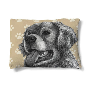 Golden Retriever Sketch 30" x 40" Fleece Dog Bed features a golden retriever resting peacefully before a paw-print backdrop.