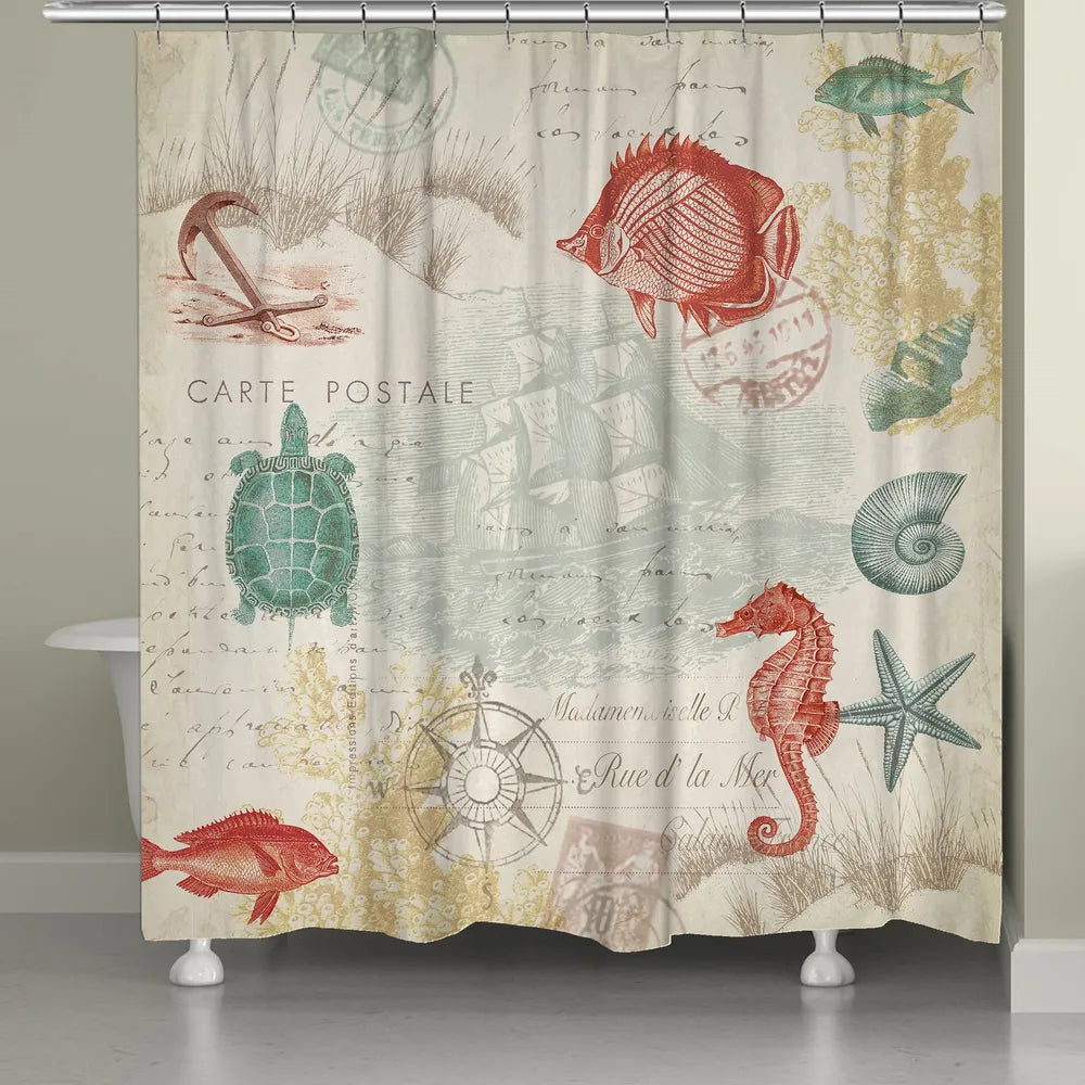 Coral Seaside Postcard Shower Curtain 