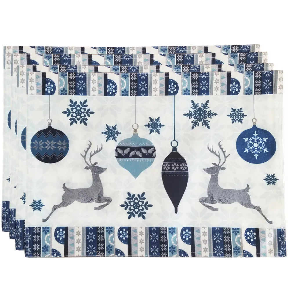 This fun, patterned design features dancing reindeer and classic snowflake icons in cool winter blue hues. The festive tones of this design will make a unique, elegant addition to your dining decor this holiday season.