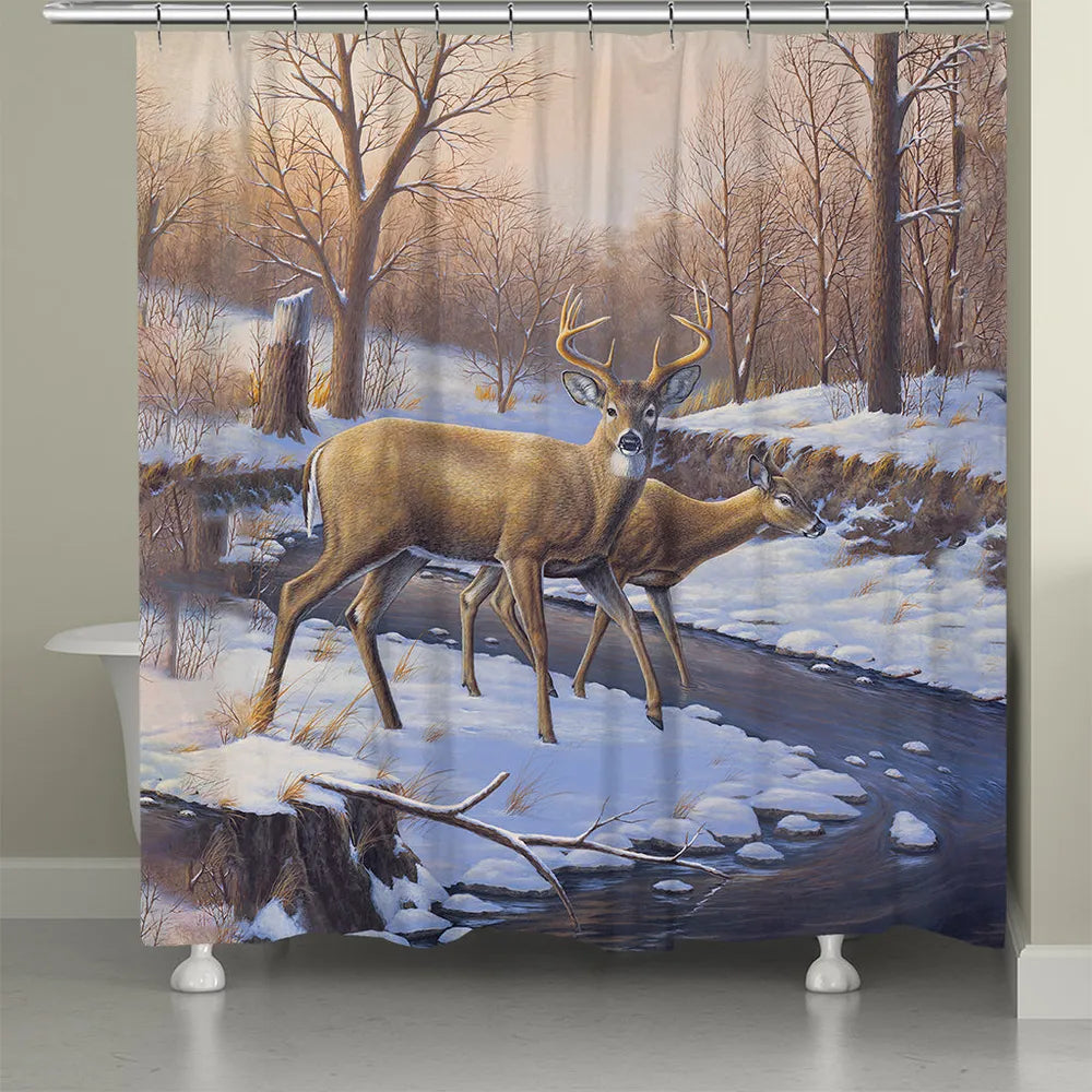 Snowy Deer Creekside Shower Curtain