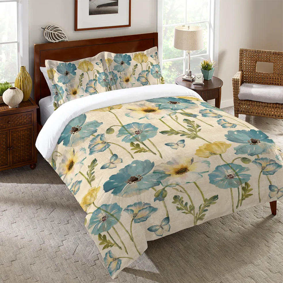 Teal Watercolor Poppies Duvet Cover 