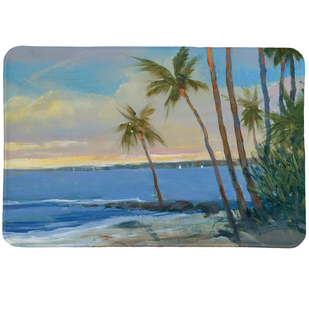 Tropical Breeze Memory Foam Rug features a photorealistic beach scene with palm trees swaying in the wind.