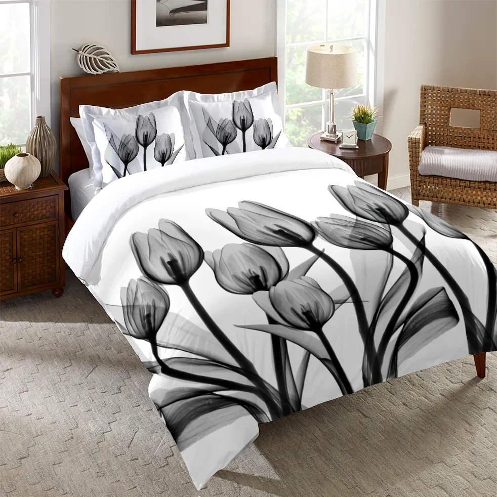 Monochromatic Black Tulips Duvet Cover 