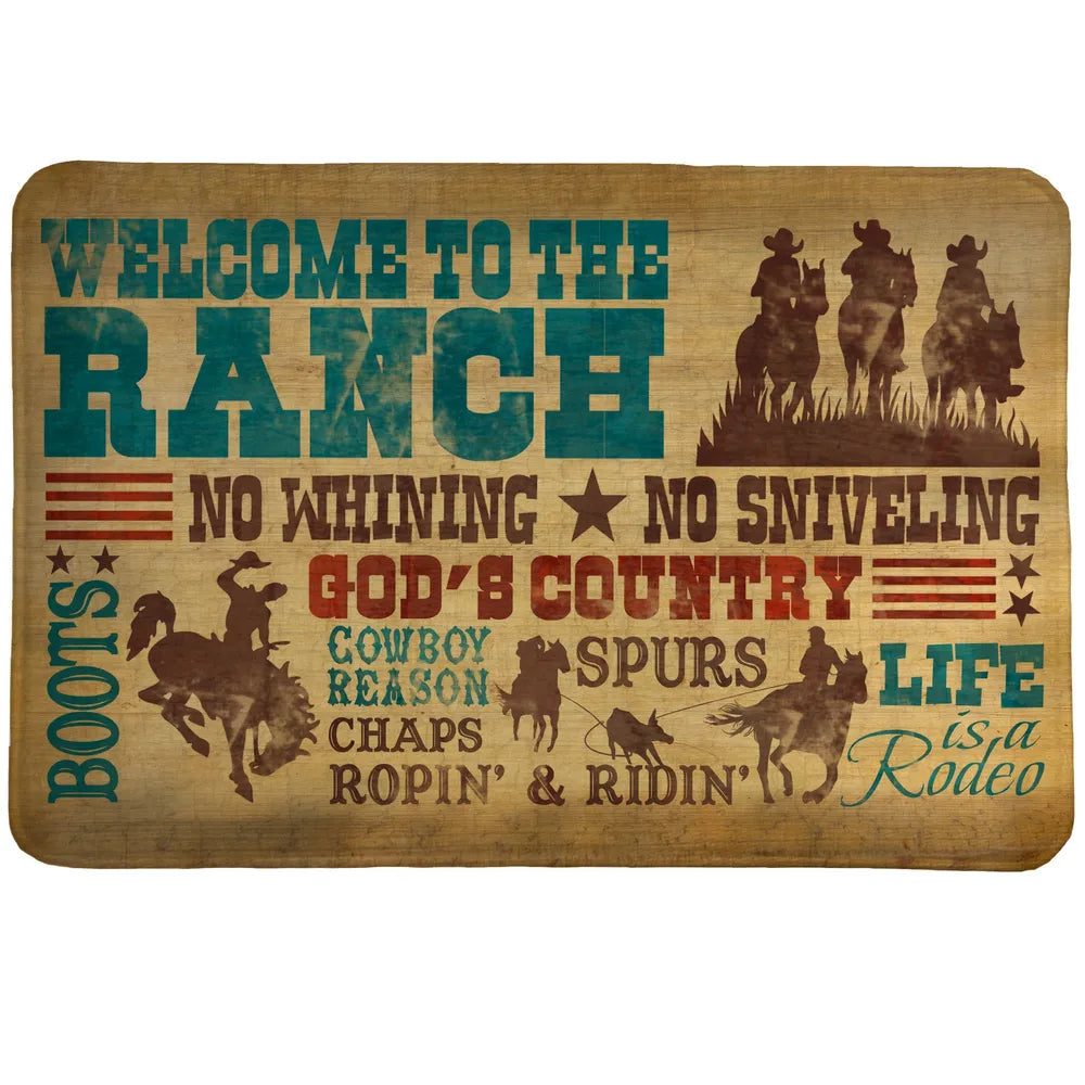 Welcome To The Ranch Memory Foam Rug has a western design with stylish typography speaking about simple country life.