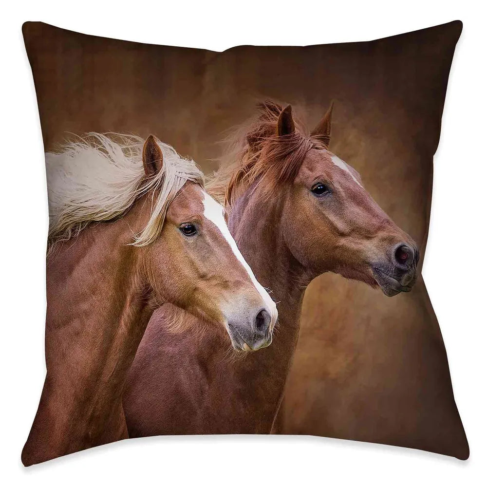 The Wild Stallion Indoor Decorative Pillow features a photo of two beautiful wild horses gracefully galloping side by side.