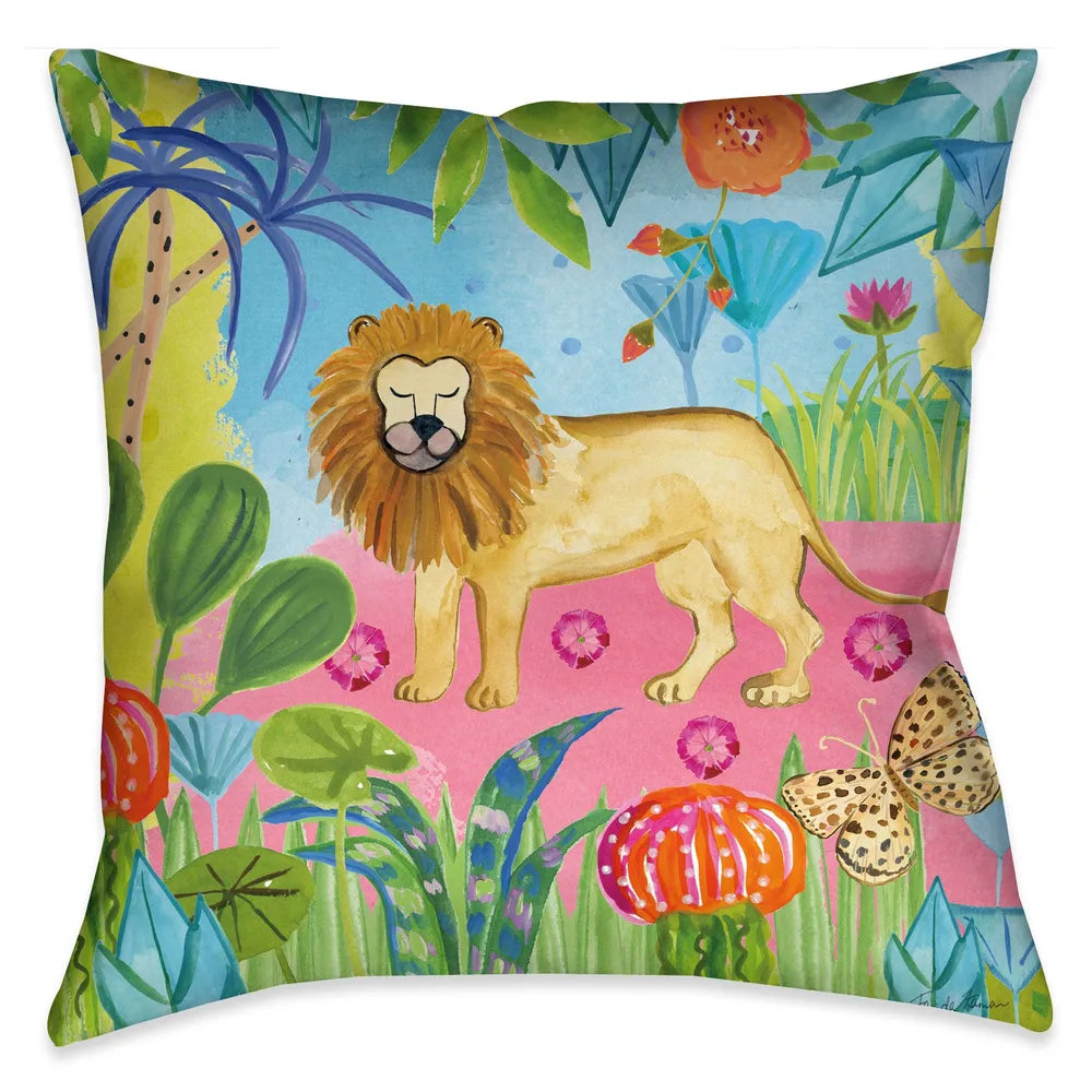 The "Jungle Lion Outdoor Decorative Pillow" displays a playful scene of an lion in a colorful wild jungle.